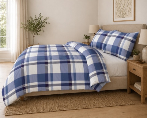 Pościel 180x200 + 2 poszewki | 100% bawełna | 2029 krata granat