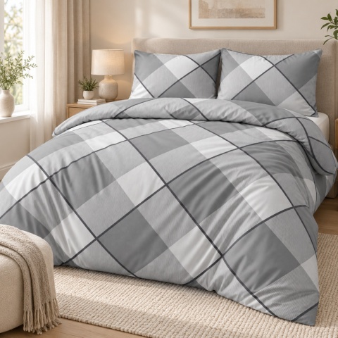 Pościel 200x200 + 2 poszewki | 100% bawełna | 5227 B szara krata